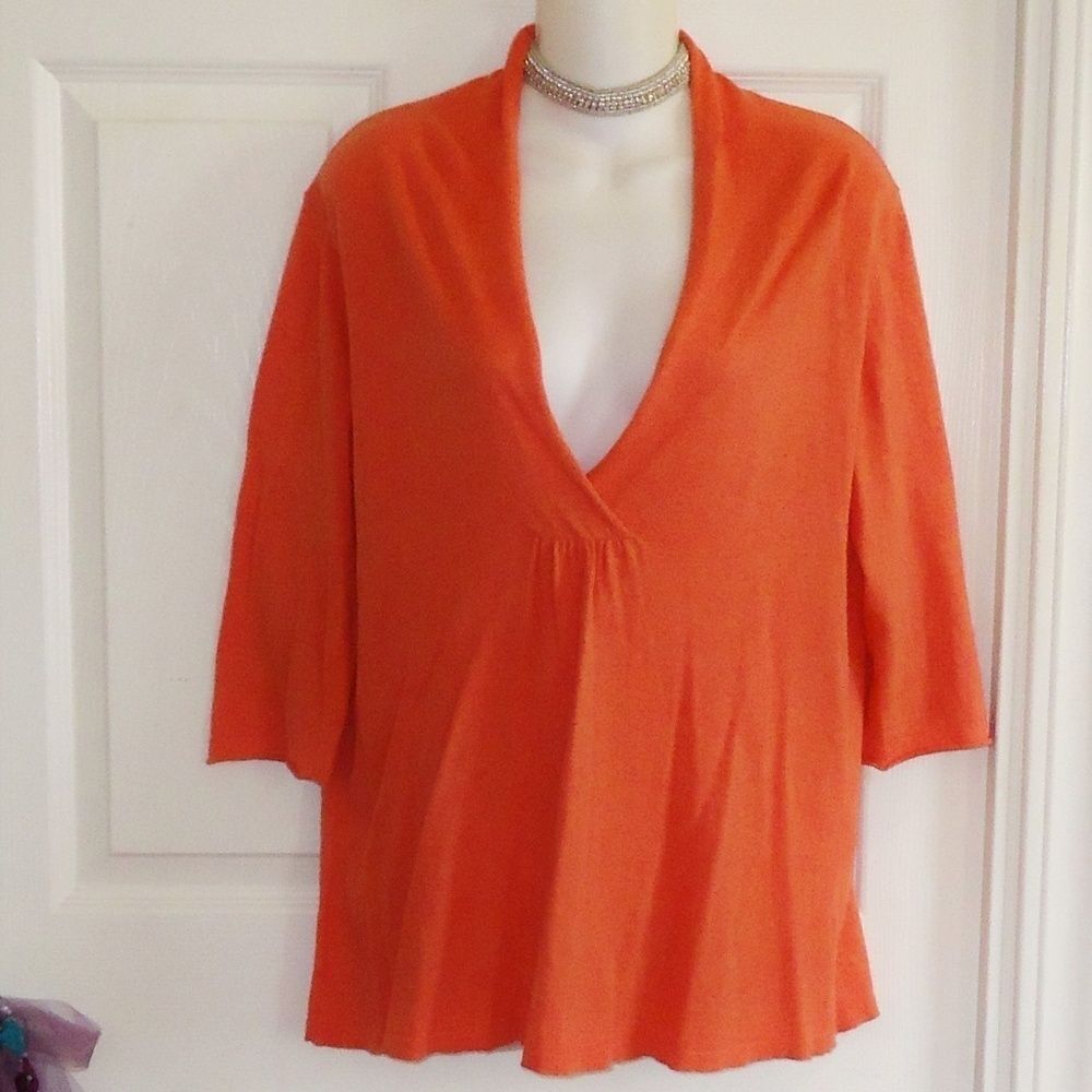 EILEEN FISHER SZ LARGE MELON ORANGE VNECK SWEATER